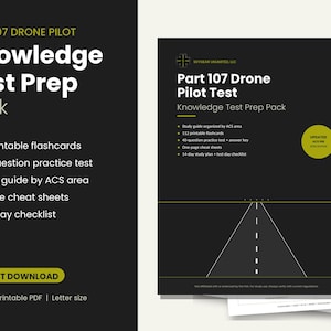 Peut inclure: Un pack de préparation au test de pilote de drone Part 107 comprenant un PDF imprimable de 51 pages au format lettre. La couverture noire affiche le titre et une liste de contenu incluant 112 fiches, un test de 40 questions et un guide.