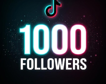 Puede incluir: Un gráfico digital que presenta el logotipo de TikTok en cian y magenta neón sobre el gran texto blanco 1000, seguido de la palabra FOLLOWERS en letras mayúsculas blancas, todo sobre un fondo oscuro con sutiles partículas de luz.