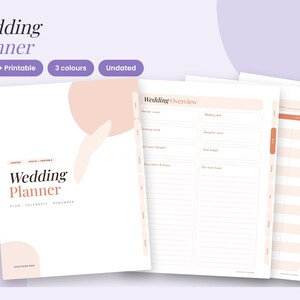 May include: A digital and printable wedding planner with a white cover featuring peach-colored abstract shapes and the text Wedding Planner Plan Celebrate Remember. The interior pages include a Wedding Overview section with lined fields.