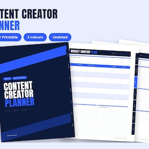 May include: A dark blue content creator planner with white and blue text reading Content Creator Planner, Plan, Create, Post. The planner includes undated weekly content plan pages with blue grid lines, headers, and tabbed dividers for organization.
