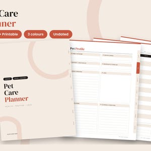 Pode incluir: Um planejador de cuidados para animais de estimação digital e imprimível com capa bege apresentando o texto Pet Care Planner, Health, Routine, Love. As páginas internas incluem uma seção Pet Profile com campos para nome, raça, aniversário e detalhes médicos.