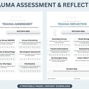 May include: Two white printable pages titled Trauma Assessment and Trauma Reflection. Each page features a stethoscope icon, a heart rate line, and sections for rating nursing skills from 1 to 5, including Primary Survey, Airway, and Shock.