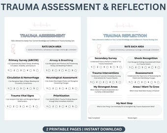 May include: Two white printable pages titled Trauma Assessment and Trauma Reflection. Each page features a stethoscope icon, a heart rate line, and sections for rating nursing skills from 1 to 5, including Primary Survey, Airway, and Shock.