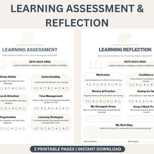 May include: Two printable pages titled Learning Assessment and Reflection. The forms feature sections to rate study habits, motivation, and confidence on a scale of 1 to 5, with blank lines for written notes and a space for the date completed.
