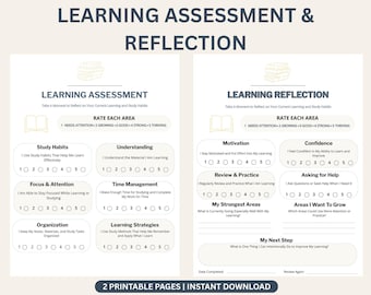 May include: Two printable pages titled Learning Assessment and Reflection. The forms feature sections to rate study habits, motivation, and confidence on a scale of 1 to 5, with blank lines for written notes and a space for the date completed.