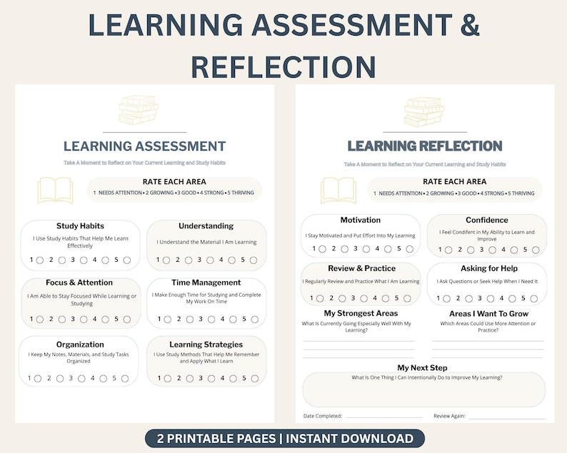 May include: Two printable pages titled Learning Assessment and Reflection. The forms feature sections to rate study habits, motivation, and confidence on a scale of 1 to 5, with blank lines for written notes and a space for the date completed.
