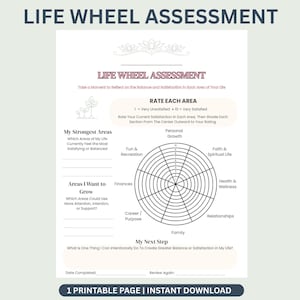 May include: A white Life Wheel Assessment worksheet featuring a circular chart divided into eight segments for rating life areas from 1 to 10. The page includes sections for My Strongest Areas, Areas I Want to Grow, and My Next Step with lines for writing.