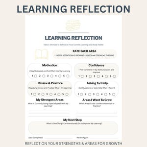 May include: A white learning reflection worksheet featuring the title LEARNING REFLECTION, sections for rating motivation, confidence, review, and help-seeking on a scale of 1 to 5, plus prompts for strengths, growth areas, and next steps.