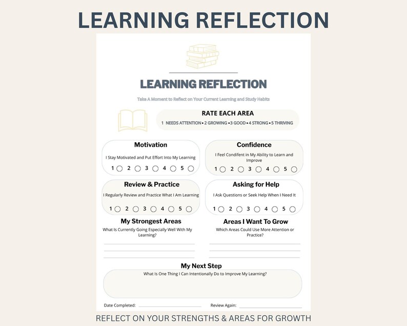 May include: A white learning reflection worksheet featuring the title LEARNING REFLECTION, sections for rating motivation, confidence, review, and help-seeking on a scale of 1 to 5, plus prompts for strengths, growth areas, and next steps.