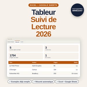 May include: A digital reading tracker spreadsheet for Excel and Google Sheets titled Tableur Suivi de Lecture 2026. It displays a dashboard with book statistics, a list of titles including Le Petit Prince, L'Etranger, and Fahrenheit 451, and buttons for automatic summaries.