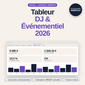 May include: A digital spreadsheet template for Excel and Google Sheets titled Tableur DJ & Événementiel 2026. The interface displays a dashboard with financial data, including revenue, savings, tax thresholds, and a monthly bar chart.