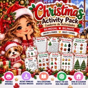 Puede incluir: Un paquete de actividades navideñas con hojas de trabajo bilingües en inglés y español que incluyen sopas de letras, laberintos, juegos de sombras, búsqueda del tesoro, busca y encuentra, colorear, bingo, conteo y diferencias.