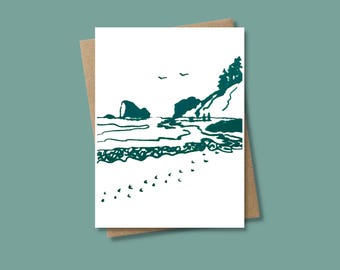 Tarjeta de felicitación con diseño de playa del Océano Pacífico, impresa en serigrafía.