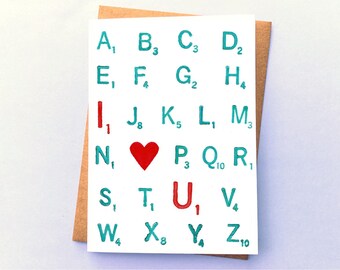 Scrabble Lover Anniversary Card for Boyfriend, Husband, Girlfriend or Wife, Cute I Love You Card with Alphabet Stamps