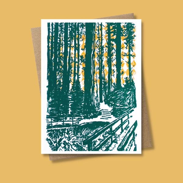 Forest Nature Sunset Scene Note Card, Redwood Forest Northern California Stationery, Hand Screen Printed Greeting Card, Blank Inside