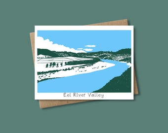 Tarjeta ilustrada con vistas del valle del río Eel en el condado de Humboldt, California.
