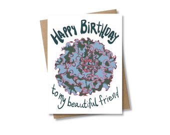 Tarjeta de cumpleaños ilustrada para un amigo con una planta suculenta de gallina mexicana.