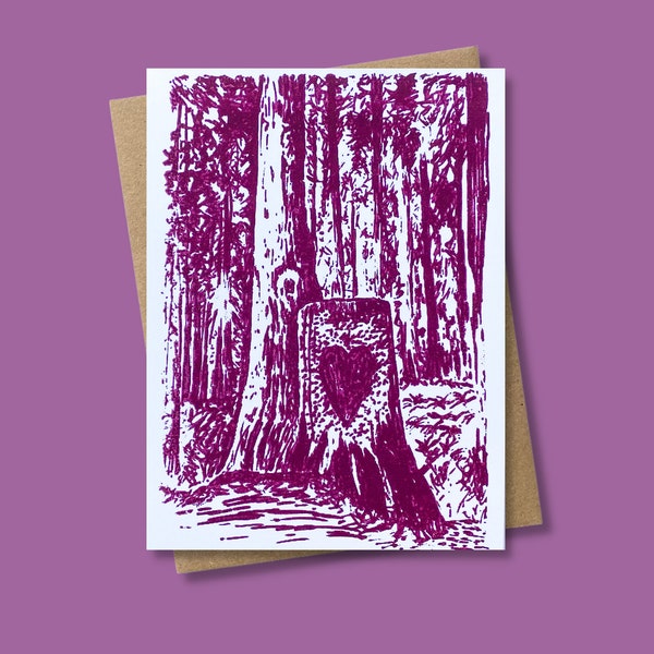Love Heart in Nature Anniversary Card with Redwood Forest Heart Stump Scene, Hand Screen Printed Card for Husband or Boyfriend