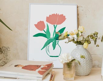 Lámina artística "Ramo de tulipanes" - Combinación original de serigrafía y grabado en bloque, edición limitada firmada.