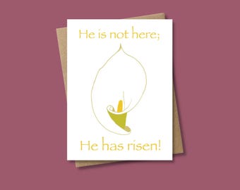 Tarjeta cristiana de Pascua con flor de lirio de Cali y versículo bíblico: ¡Ha resucitado!