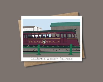 Tarjeta ilustrada con un tren de mofetas en el ferrocarril California Western Railroad en Fort Bragg, California.