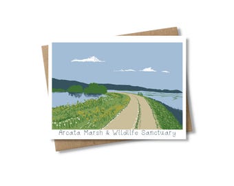 Tarjeta de felicitación con escena del santuario de vida silvestre de Arcata Marsh, tarjeta de arte de la naturaleza de California