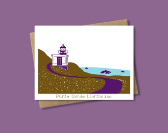 Tarjeta ilustrada con el faro de Punta Gorda en la Costa Perdida de California