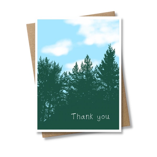 Thank You Card with Trees, Wilderness Thanks Card, Masculine Thank You Stationery, Beautiful Illustrated Notecard For Nature Lover