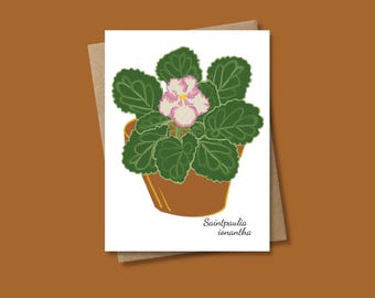 Tarjeta de felicitación con flor de violeta africana, papelería botánica, interior en blanco