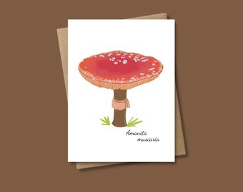 Tarjeta con forma de hongo amanita: papelería botánica, interior en blanco