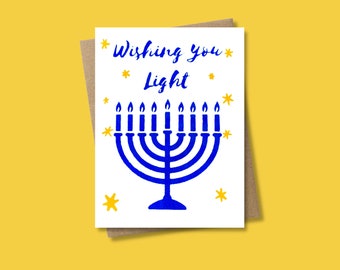 Wishing You Light Hanukkah Card with Menorah, Hand Screen Printed Holiday Card