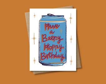 Tarjeta de cumpleaños ilustrada con lata de cerveza, estilo Pop Art.