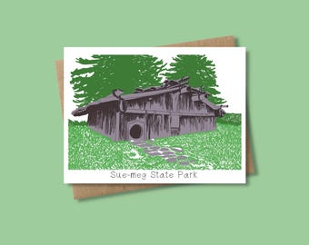 Tarjeta ilustrada de una cabaña Yurok, Parque Estatal Sue-meg, California, Tarjeta de felicitación en blanco