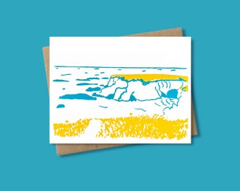 Tarjeta de felicitación serigrafiada, vista de los acantilados costeros del océano y del Parque Estatal Mendocino Headlands.