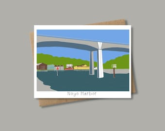 Tarjeta ilustrada con el puerto y el puente de Noyo en Fort Bragg, California
