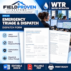 Könnte beinhalten: Ein FieldProven Systems Notfall-Triage- und Dispatch-Formular zur Wasserschadensanierung. Das Dokument enthält Abschnitte für Auftragszuweisung, Risikopriorität, Autorisierung und die Nachverfolgung von Einsätzen.