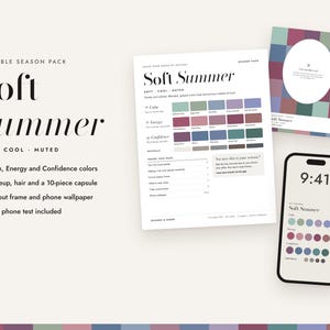 May include: A printable Soft Summer season pack featuring a color palette guide, a cut-out frame, and a smartphone displaying a matching color wallpaper. The text includes Soft Summer, Calm, Energy, Confidence, and various color names.