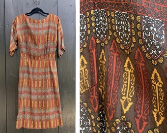 1960s R&K Originals brown silk print wiggle dress