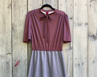 1980s two tone secretary dress with pussy bow