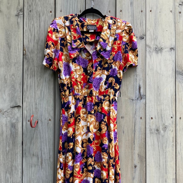 90s rayon dress, 1990s dress, rayon floral dress, fit and flare dress