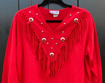 1980s Sas'sa red Western style shirt with fringe