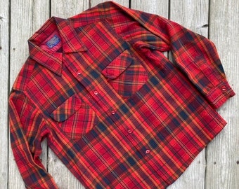 1960s 70s Pendleton red wool plaid board shirt with visible mending, as is