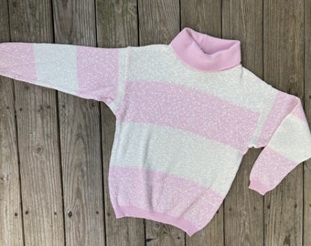 1980s pink and white turtleneck sweater, vintage 80s sweater