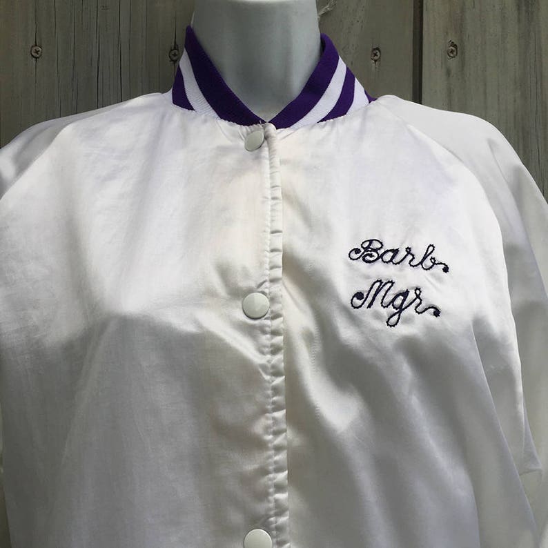 Vintage jacket 1980s white satin varsity team jacket with purple trim image 3