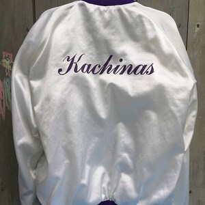 Vintage jacket 1980s white satin varsity team jacket with purple trim image 2