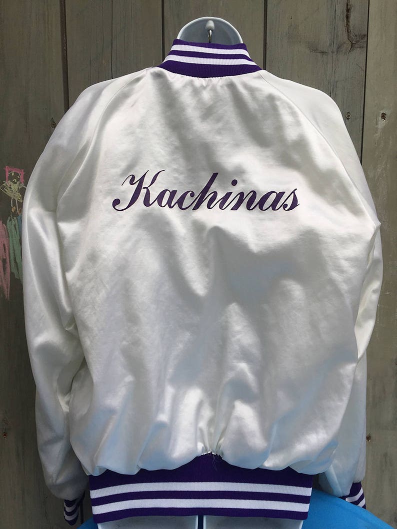 Vintage jacket 1980s white satin varsity team jacket with purple trim image 2