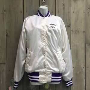 Vintage jacket 1980s white satin varsity team jacket with purple trim image 4