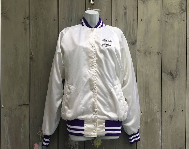 Vintage jacket 1980s white satin varsity team jacket with purple trim image 4