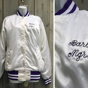 Vintage jacket 1980s white satin varsity team jacket with purple trim image 1