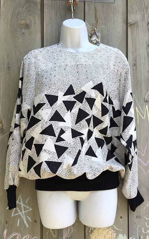 Vintage top | 1980s 90s black white silver silky … - image 5